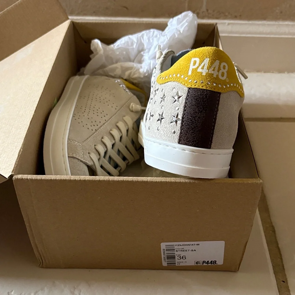 P448 Beige Suede Low-Top Sneakers with Yellow Heel - Picture 7 of 8